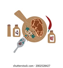 Steak. Preparing to fry a steak on a board with various spices and seasonings, onions and herbs. Vector illustration 