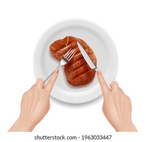 Steak realistic. Hot beef meals in plate hands holding fork and knife tasty food restaurants delicious products decent vector steak