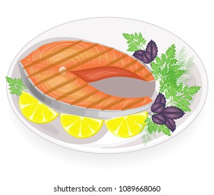 A steak of red fish grilled on a plate. Garnish lemon, parsley, dill and basil. Tasty, delicious and nutritious food. Vector illustration.