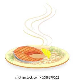 A steak of red fish grilled on a plate. Garnish hot fried onions, lemon slices and dill greens. Tasty, delicious and nutritious food. Vector illustration.