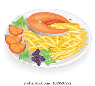 Steak of a red fish on a plate. Garnish fried potatoesgreen of parsley, dill and basil. Delicious, refined and nutritious food for breakfast, lunch and dinner. Vector illustration.
