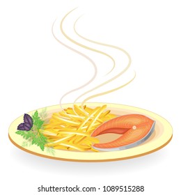 Steak of red fish on a plate. Garnish fried potatoes, green parsley, dill and basil. Delicious, refined and nutritious food for breakfast, lunch and dinner. Vector illustration.