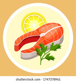 Carne de pescado rojo en el plato. Brindar una rebanada de limón con verduras. Deliciosa comida refinada y nutritiva para el desayuno, el almuerzo y la cena. Cocina europea con pescado salmón y platos tradicionales. Comida útil