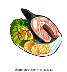 Steak red fish on plate with vegetables, lemon slices and sauce. Vector illustration.