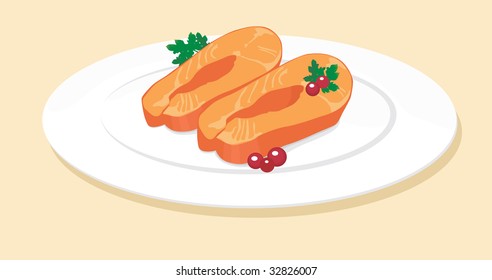 Steak red fish on a white plate.