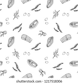 Steak of red fish salmon, lemon and rosemary, basil, dill, olives herbs seamless pattern for seafood menu. Ink vector illustration design element for web, for print, object Isolated on white