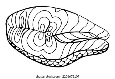 Steak of Red Fish, Salmon, with Lemon and Herbs. Sketch Seafood Menu. Ink Illustration of Fresh salmon steak ,close up