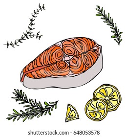 Steak of Red Fish Salmon, Lemon and Herbs for Seafood Menu. Ink Vector Illustration Isolated On a White Background Doodle Cartoon Vintage Hand Drawn Sketch.