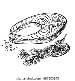 Steak of Red Fish, Salmon, with Lemon and Herbs. Sketch Seafood Menu. Ink Illustration of Fresh salmon steak ,close up