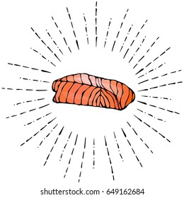 Steak of Red Fish Salmon for Seafood Menu. Ink Vector Illustration Isolated On a White Background Doodle Cartoon Vintage Hand Drawn Sketch.