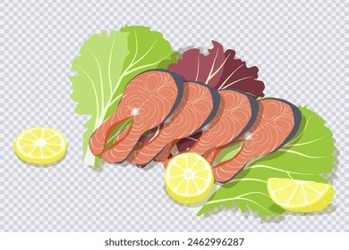 Steak of red fish. Set with salmon, lemon and lettuce leaves isolated on transparent. Fresh organic seafood for restaurant, sushi bar menu, poster. Healthy and tasty food ideas. Vector illustration