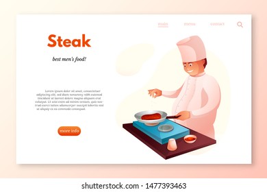 Steak restaurant landing page template. Culinary chef in kitchen flat character. Cook roasting meat on fry pan. Restaurant, cafe, cafeteria staff wearing professional uniform. Man frying steak