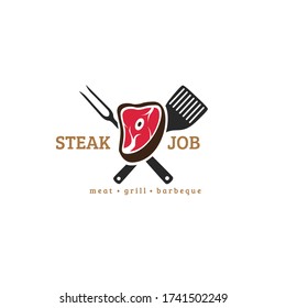 Steak restaurant logo with meat, fork, spatula and simple typography fit for modern restaurant identity or logo 