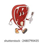 Steak retro groovy barbeque grill character. Isolated cartoon vector slice of meat, whimsical food personage walking with a fork in hand and whistling funny melody, ready for outdoor summer bbq picnic
