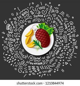 Steak Roast Beef Icon on black background. Vector Roast Beef in Cartoon Style. Juicy Steak With Vegetables on Plate. Concept of Traditional Dish of Meat of Grilled roast beef with doodle decor