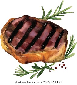 Steak with rosemary and pepper, isolated on white background watercolor illustration vector 