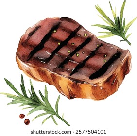 Steak with rosemary and pepper, isolated on white background watercolor illustration vector 
