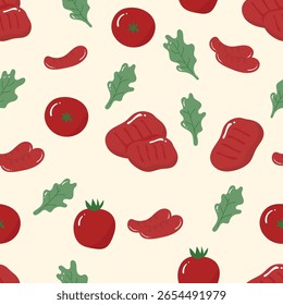 Bife, salsicha, tomate e alface em um fundo bege. Comida padrão sem emenda para roupas, tecido, papel de parede, pano de fundo, decoração de casa, livro de capa e arte de parede. 