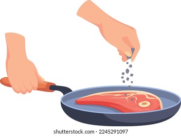 Steak seasoning on frying pan. Adding pepper on meat isolated on white background