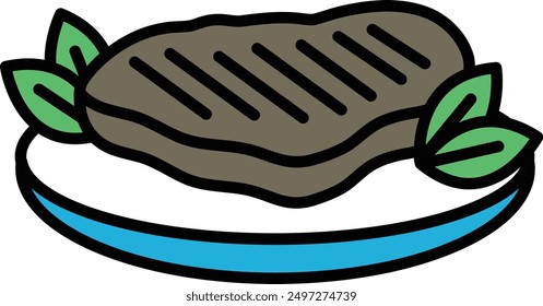 A Steak served on a plate in line icon style