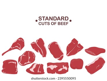 Steak Set Cuts of beef and beef used for cooking steaks and grills vector cartoon illustration For a butcher shop or steak restaurant menu.