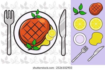 Steak set icon, ready-to-eat grilled meat on a plate with lemon, fork and spoon, vector, eps 10, editable