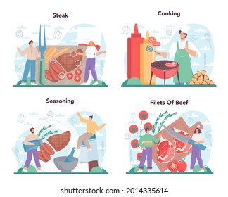Steak set. People cooking tasty grilled meat on the plate. Delicious barbecue beef. Roasted restaurant meal. Isolated vector illustration in cartoon style