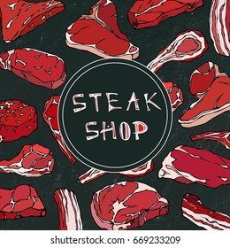 Steak Shop Card with Meat Products.Restaurant Menu or Butcher Market Template. Beef Steak, Lamb, Pork Rib. Savoyar Doodle Style. Vector Illustration Isolated on a Black Chalkboard Background.