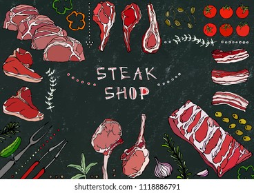 Steak Shop. Meat Cuts - Beef, Pork, Lamb, Steak, Boneless Rump, Ribs Roast, Loin and Rib Chops. Tomato, Olives, Bell Pepper, Onion,Garlic, Herbs, Fork, Tongs. Black Board Background and Chalk.