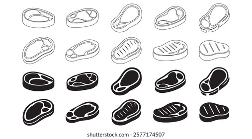 Steak silhoette and outline Icons Set. Vector