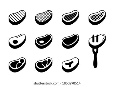 Steak silhouette icons set. Outline beef with bone, fat, grill strips, fork. Different views of raw meat for packaging design. Black illustration. Flat isolated vector pictogram, white background