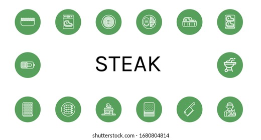 steak simple icons set. Contains such icons as Minced meat, Steak, Spaghetti, Bacon, Ribs, Butcher shop, Cleaver, Butcher, Ham, Bbq, can be used for web, mobile and logo