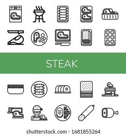 steak simple icons set. Contains such icons as Steak, Ham, Charcoal grill, Ribs, Meatloaf, Meatball, Minced meat, Butcher, Tenderloin, Bacon, can be used for web, mobile and logo