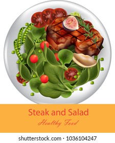 Steak and spinach salad Vector realistic. Healthy gourmet dinner. Template menu pages