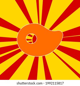 Steak symbol on a background of red flash explosion radial lines. The large orange symbol is located in the center of the sun, symbolizing the sunrise. Vector illustration on yellow background