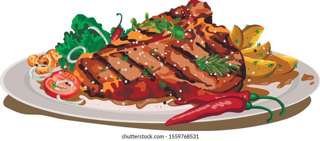 Steak t-bone. With herbs and side dish.