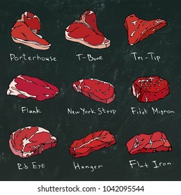 Steak Types Set. Beef Cuts on a Black board. Meat Guide for Butcher Shop or Steak House Restaurant Menu. Hand Drawn Illustration. Savoyar Doodle Style. Porterhouse, T-bone, New York Strip, Rib Eye.