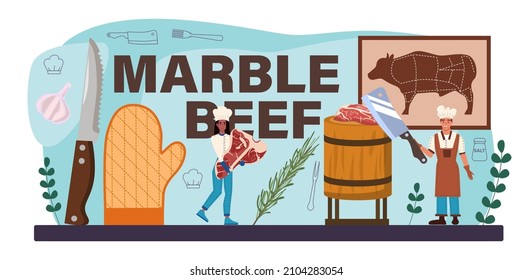 Steak typographic header. People cutting beef and cooking tasty grilled meat with sauces and seasonings. Delicious barbecue beef on the plate. Roasted restaurant meal. Vector illustration