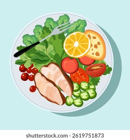 Bife com várias saladas vegetais frescas em um prato é um alimento saudável.