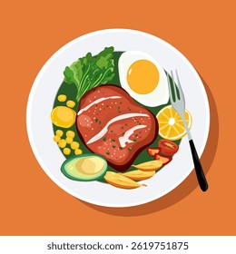 Bife com várias saladas vegetais frescas em um prato é um alimento saudável.