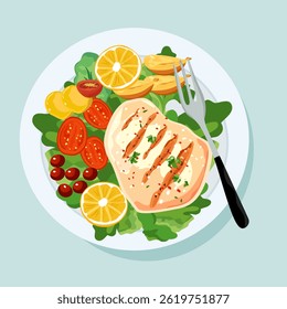 Bife com várias saladas vegetais frescas em um prato é um alimento saudável.