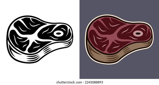 Steak vector illustration in two styles black on white and colorful on grey background