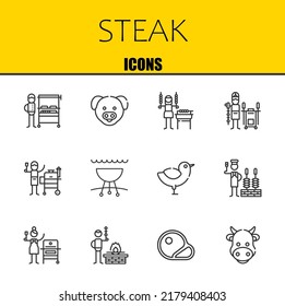 steak vector line icons set. burning grill, pig and shashlik Icons. Thin line design. Modern outline graphic elements, simple stroke symbols stock illustration