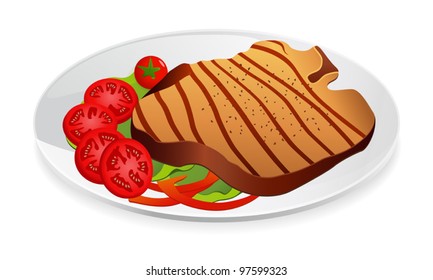 Steak with vegetables on a plate. Vector illustration on white background
