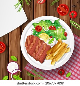 Steak with vegetables on the table illustration