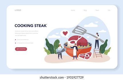 Steak web banner or landing page. People cooking tasty grilled meat on the plate. Delicious barbecue beef. Roasted restaurant meal. Isolated vector illustration in cartoon style