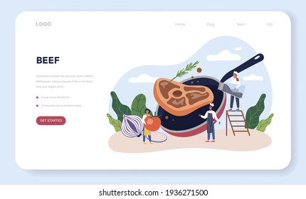 Steak web banner or landing page. People cooking tasty grilled meat