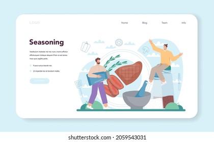 Steak web banner or landing page. People cooking tasty grilled meat on the plate. Delicious barbecue beef. Roasted restaurant meal. Isolated vector illustration in cartoon style