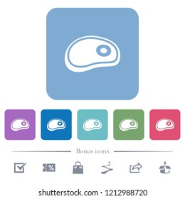 Steak white flat icons on color rounded square backgrounds. 6 bonus icons included