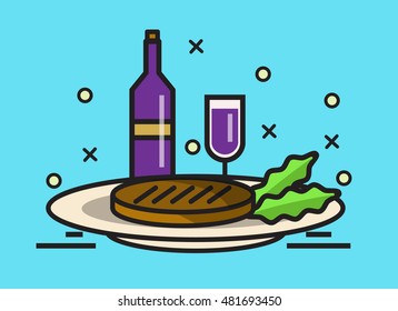  steak and  wine. flat line design elements. vector illustration